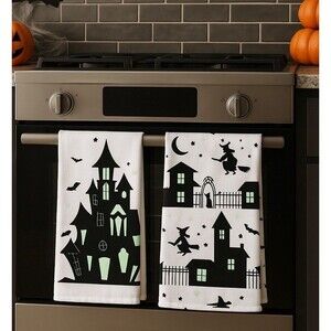 Fao Schwarz Halloween Kitchen Towels Set‎ Haunted House Witch Bat Glow Decor